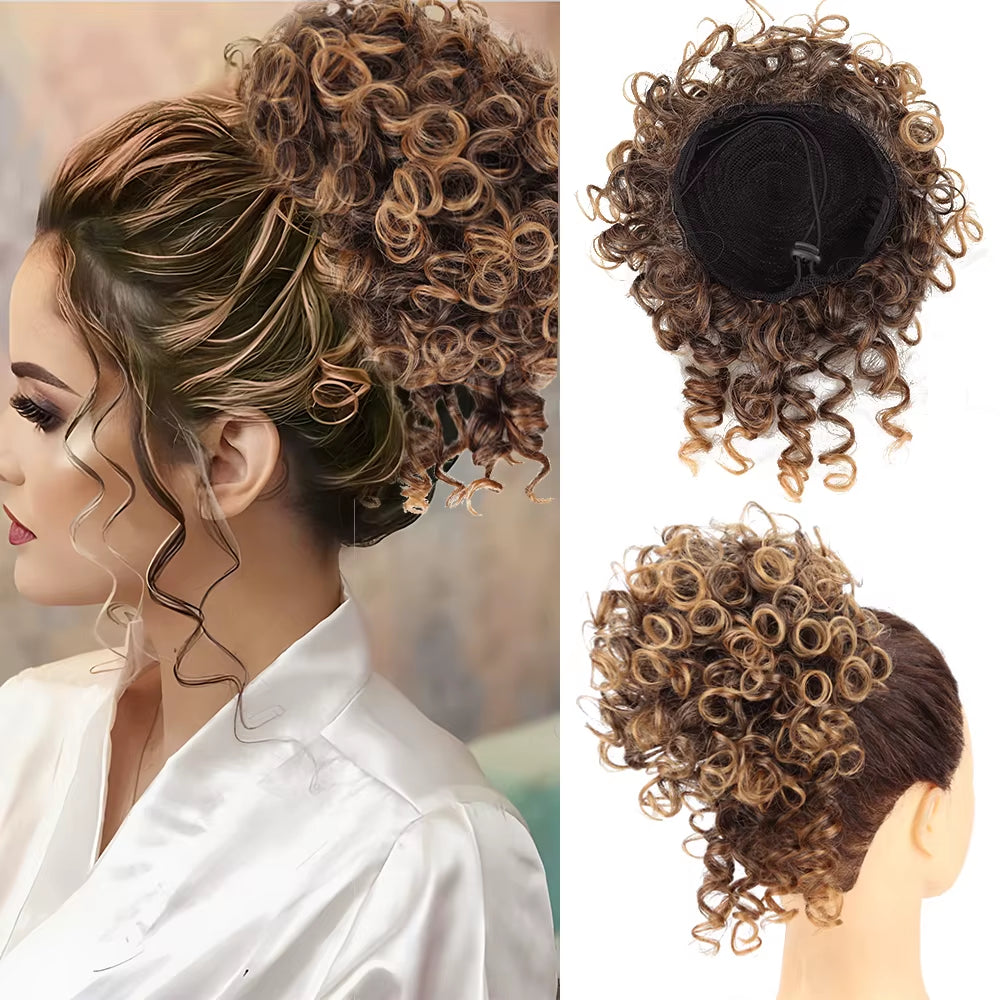 Messy Hair Bun Hair Piece Elastic Drawstring Loose Wave Large Curly Bun 60 Gram Short Synthetic Ponytail Extension for Women
