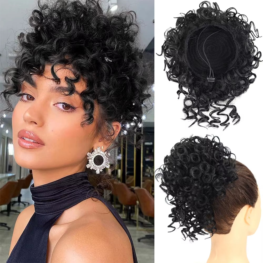Messy Hair Bun Hair Piece Elastic Drawstring Loose Wave Large Curly Bun 60 Gram Short Synthetic Ponytail Extension for Women