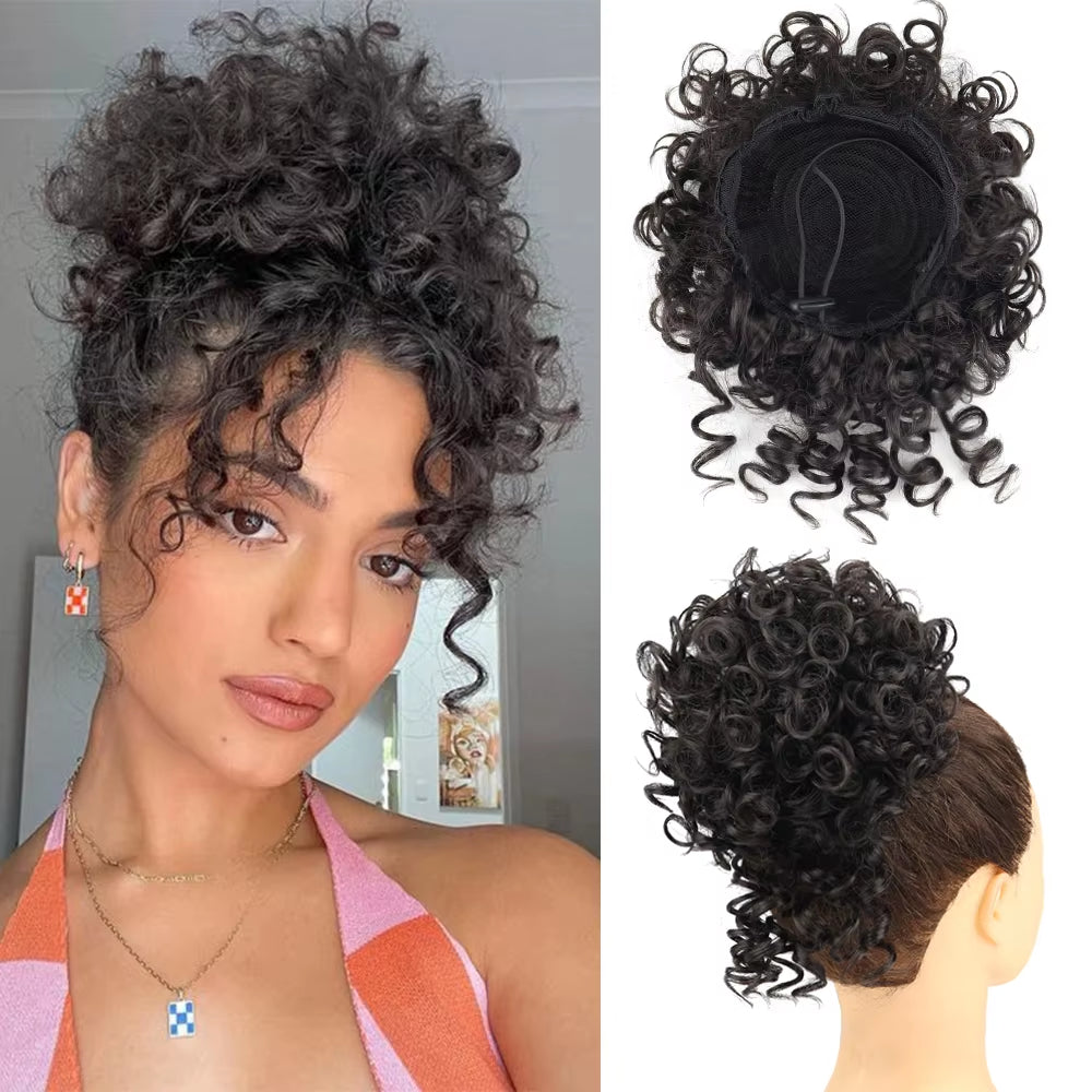 Messy Hair Bun Hair Piece Elastic Drawstring Loose Wave Large Curly Bun 60 Gram Short Synthetic Ponytail Extension for Women
