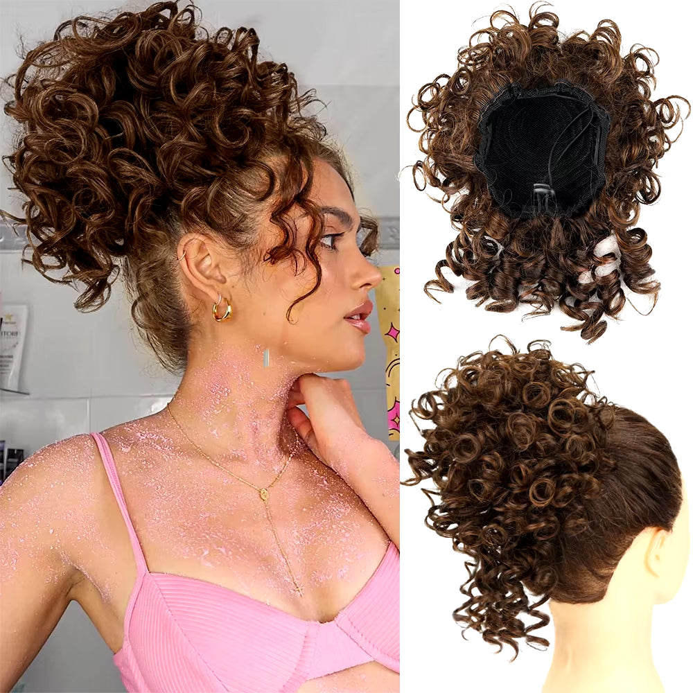 Messy Hair Bun Hair Piece Elastic Drawstring Loose Wave Large Curly Bun 60 Gram Short Synthetic Ponytail Extension for Women
